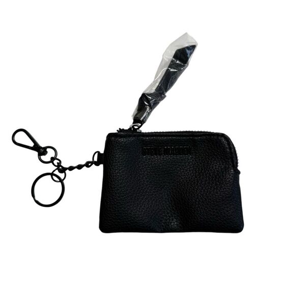 Steve Madden Coin Purse Key Ring Fob Black on Black Faux Pebbled Leather - Picture 1 of 11